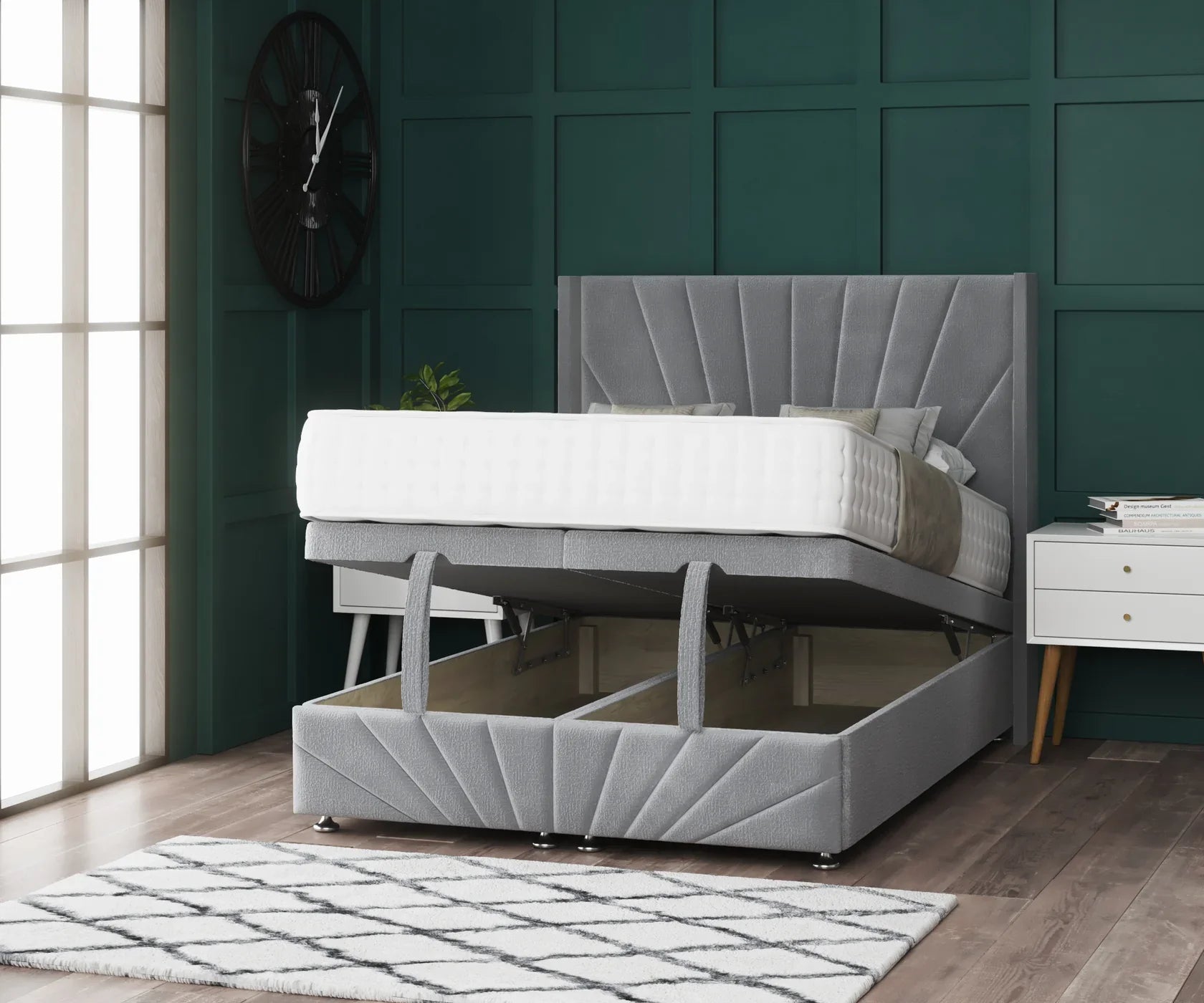 A Philadelphia Wing Ottoman Divan Bed with Footboard & Floorstanding Headboard lifted to show storage underneath