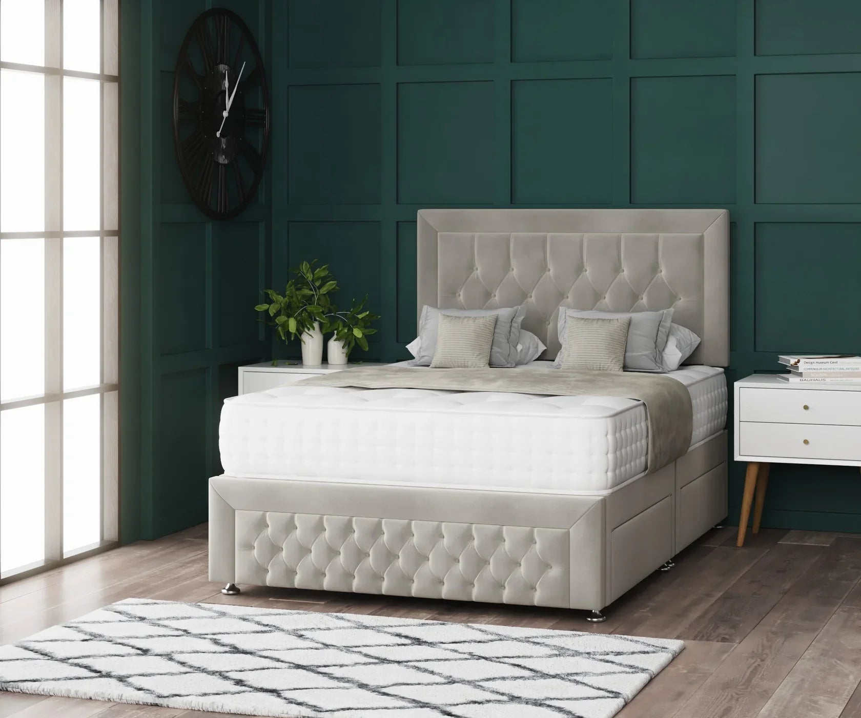 a divan bed with mattress, footboard and headboard in a bedroom