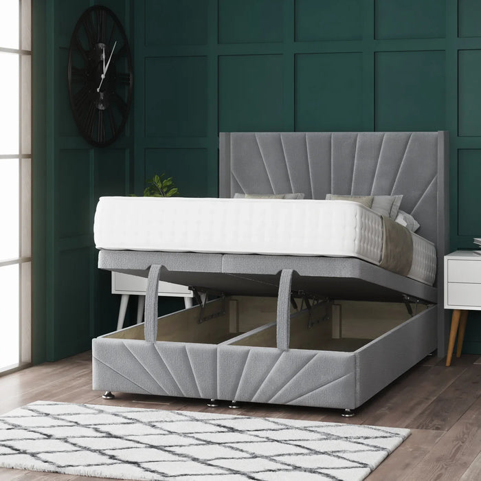 A Philadelphia Wing Ottoman Divan Bed with Footboard & Floorstanding Headboard lifted to show storage underneath