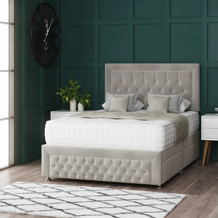 a divan bed with mattress, footboard and headboard in a bedroom