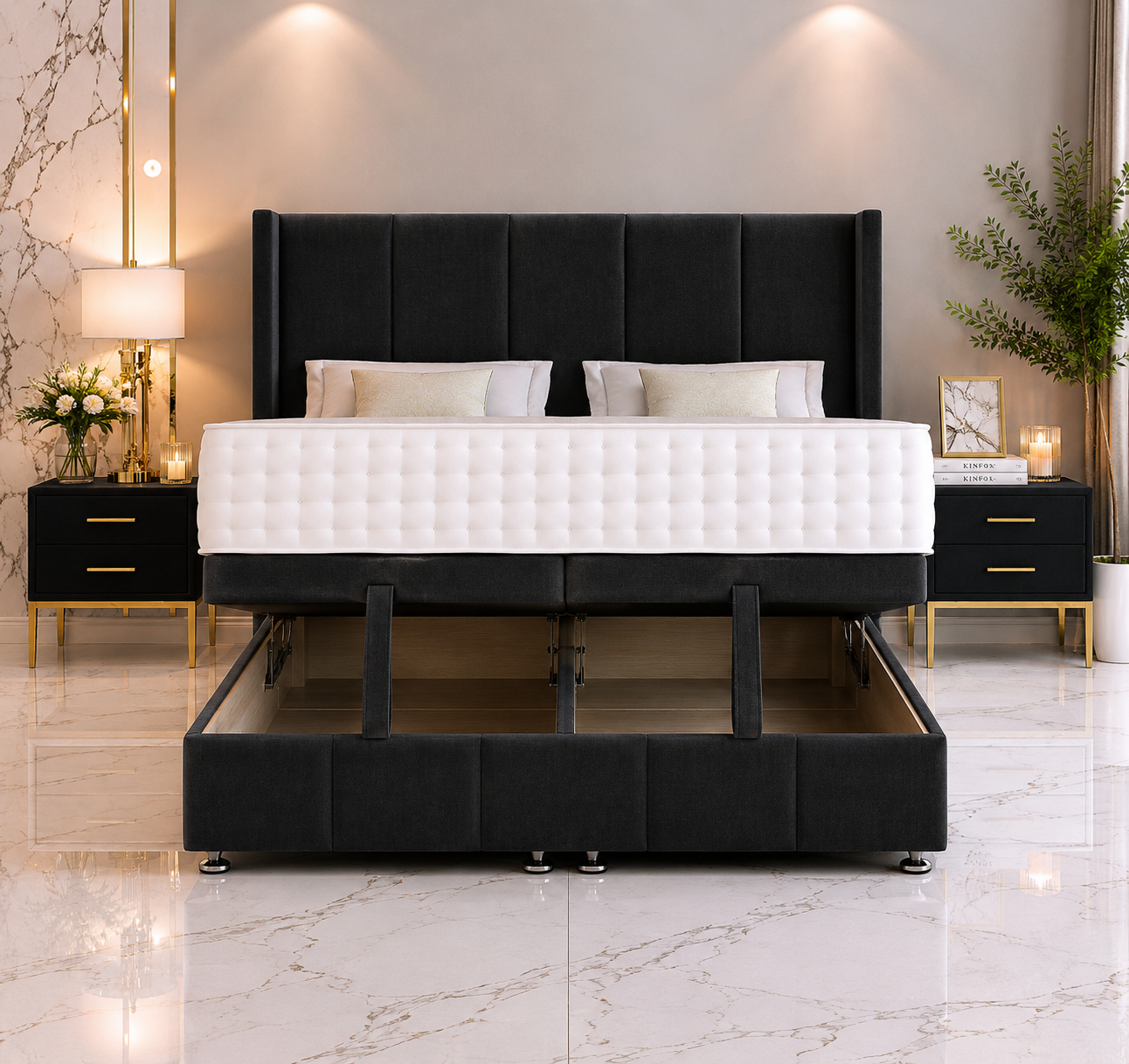 Lit ottoman Asuka Wing avec pied de lit et tête de lit sur pied