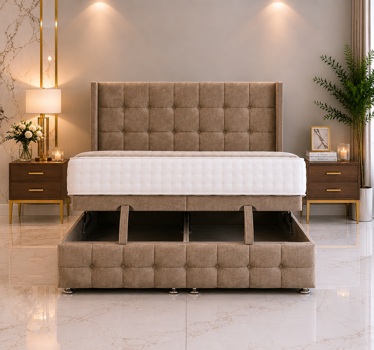 Atlantis Wing Ottoman Bed met voeteneinde en staand hoofdeinde