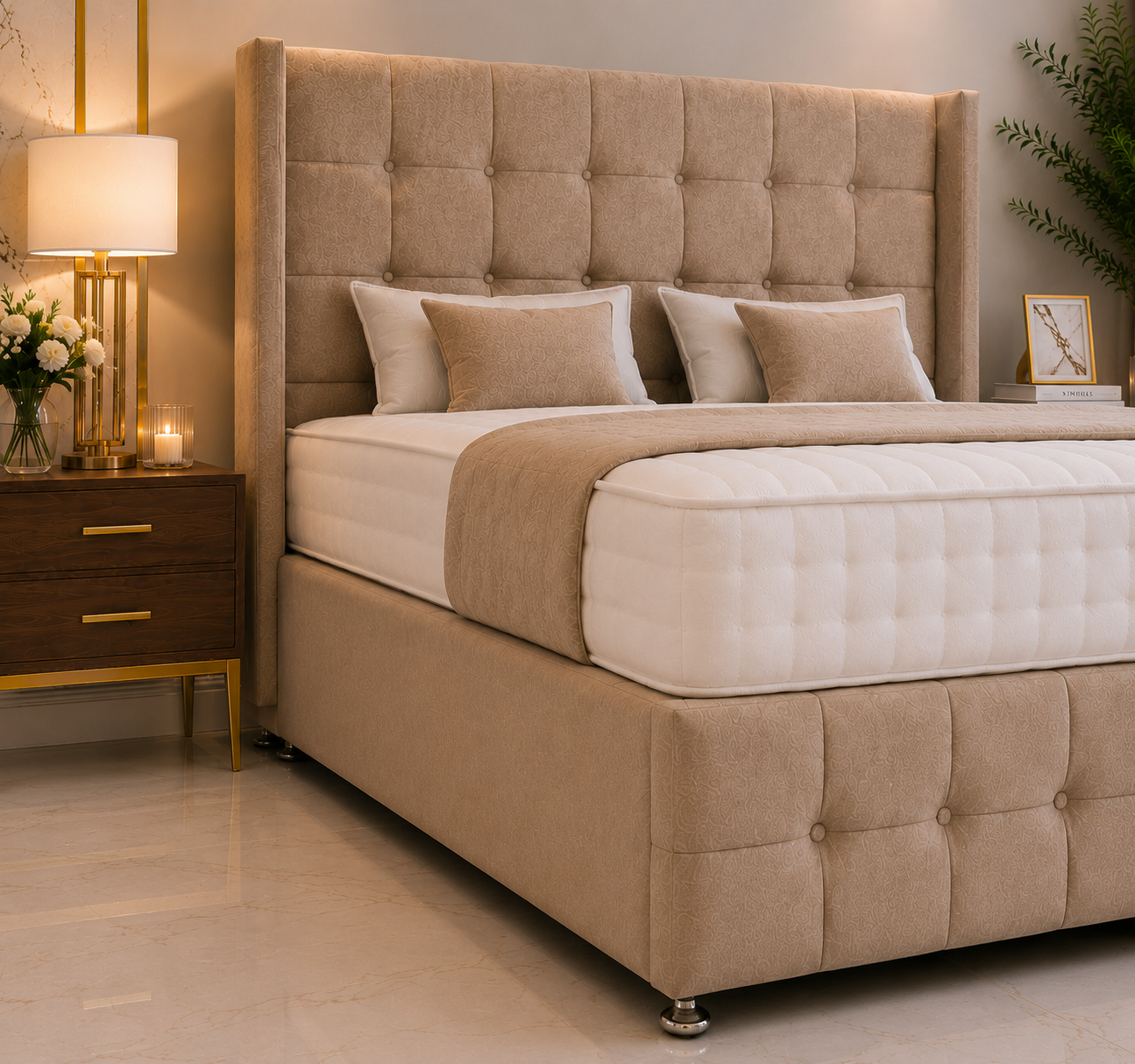 Atlantis Wing Ottoman Bed met voeteneinde en staand hoofdeinde