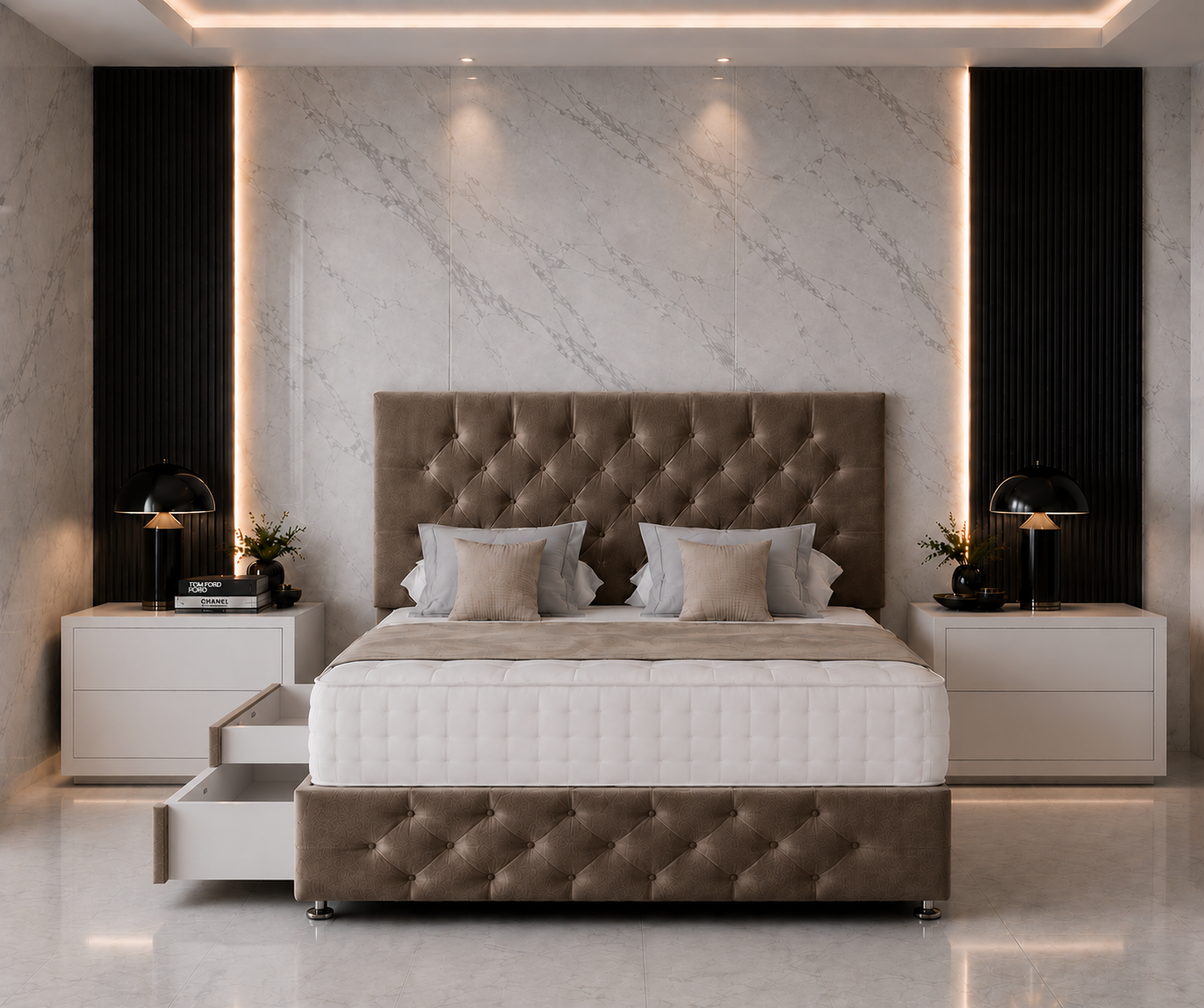 Lit sommier Chesterfield avec tête et pied de lit
