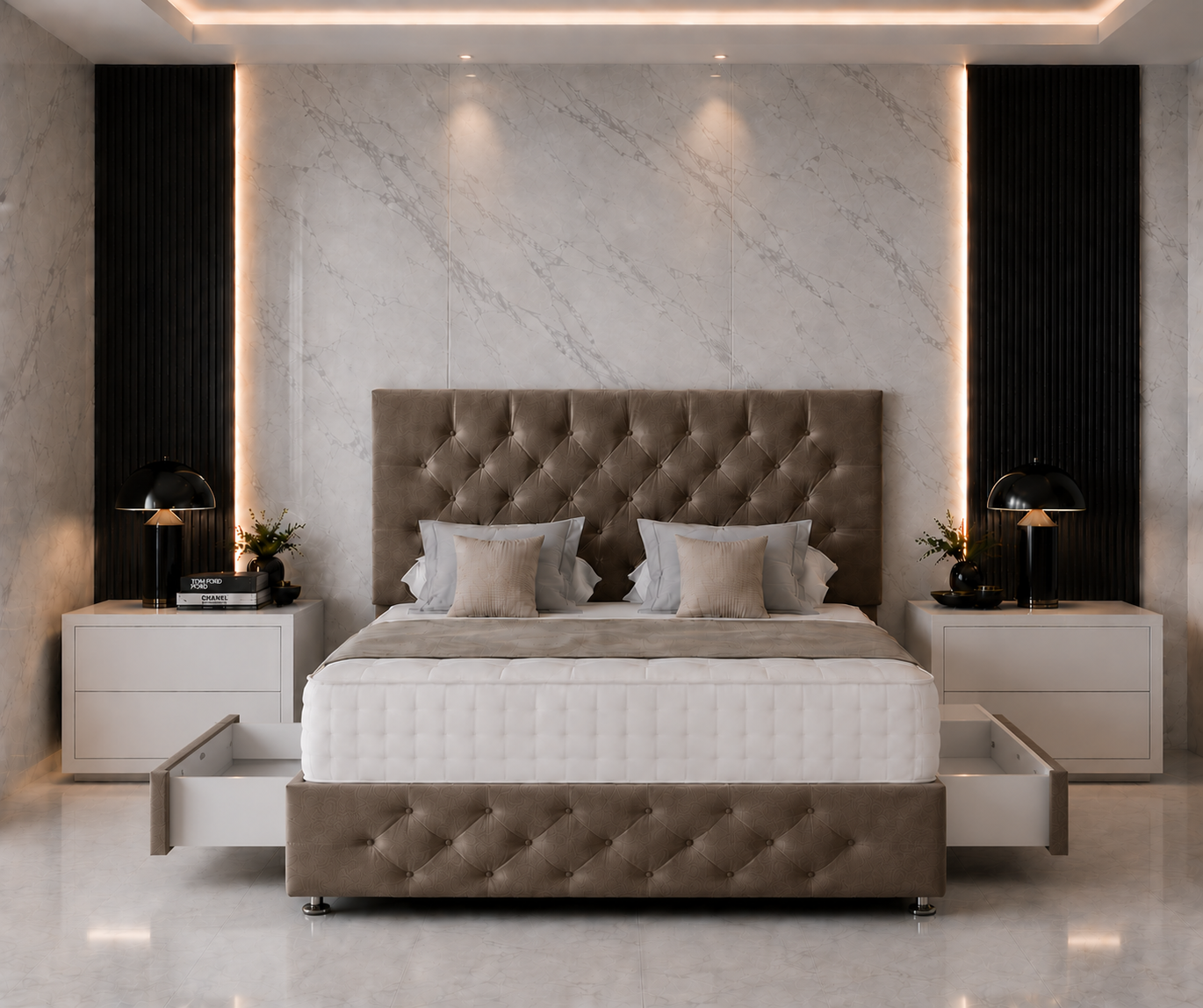 Lit sommier Chesterfield avec tête et pied de lit