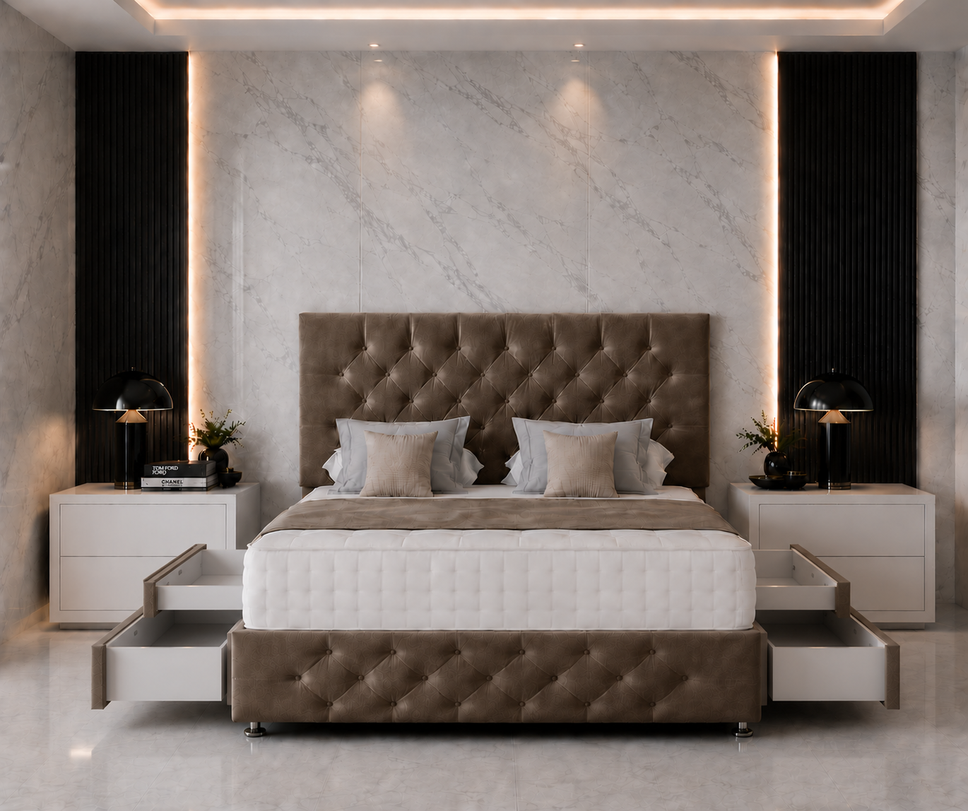 Lit sommier Chesterfield avec tête et pied de lit