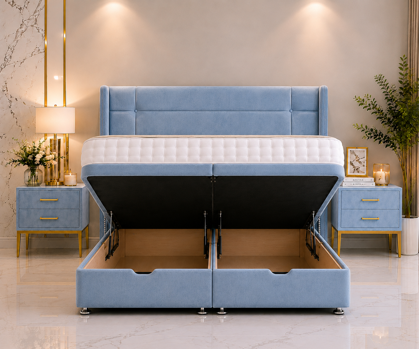 Charlotte Wing Ottoman Divan Bed with Floorstanding Headboard