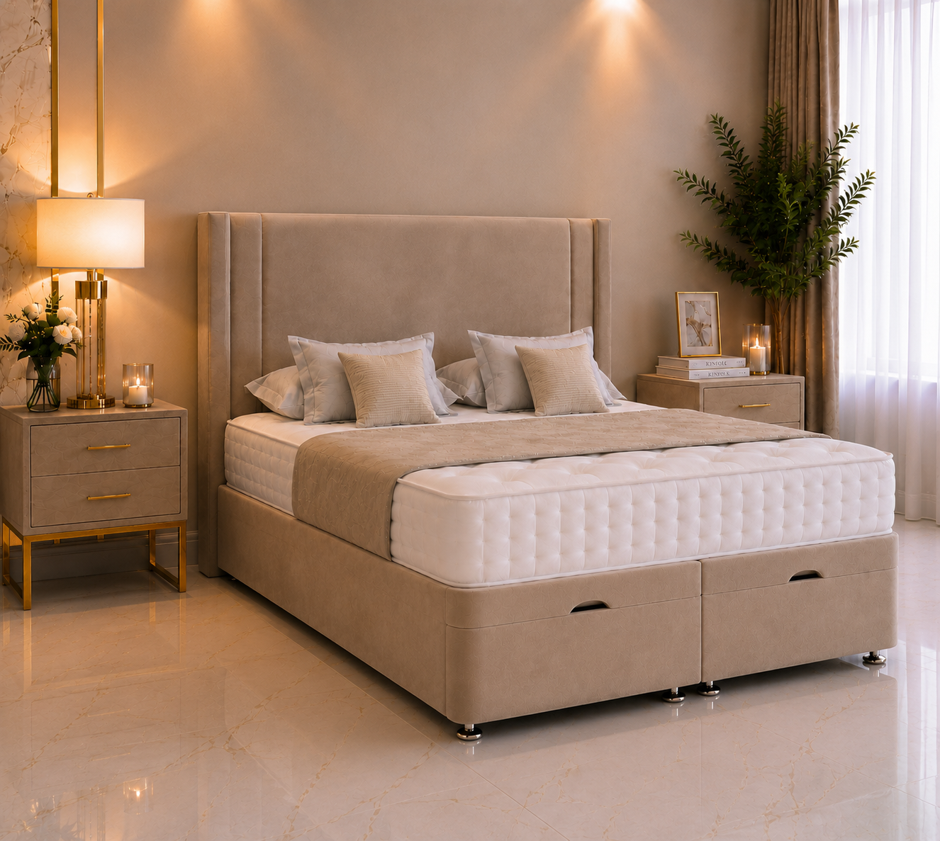 Chelsea Wing Ottoman Divan Bed met staand hoofdeinde