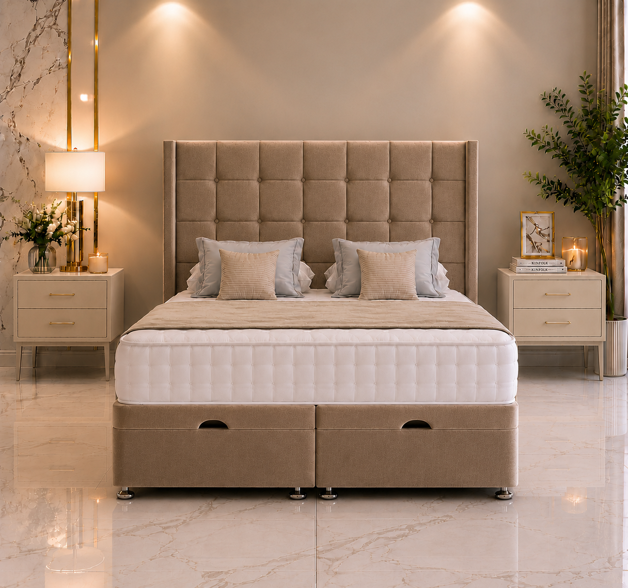 Columbus Wing Ottoman Divan Bed with Floorstanding Headboard