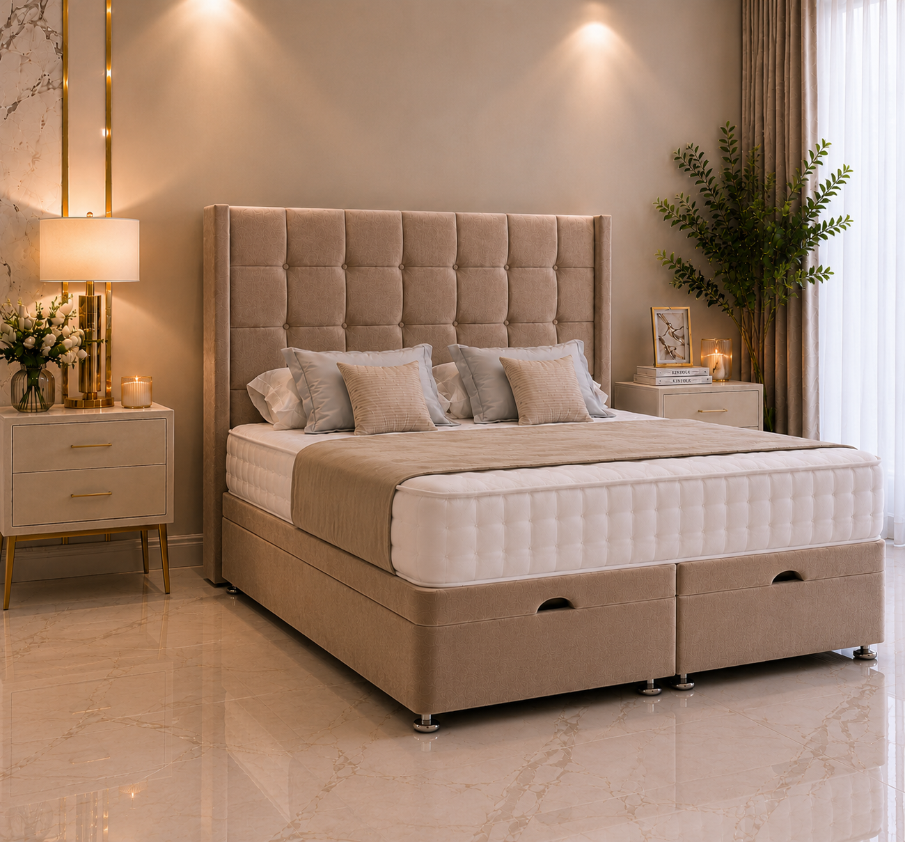 Columbus Wing Ottoman Divan Bed with Floorstanding Headboard
