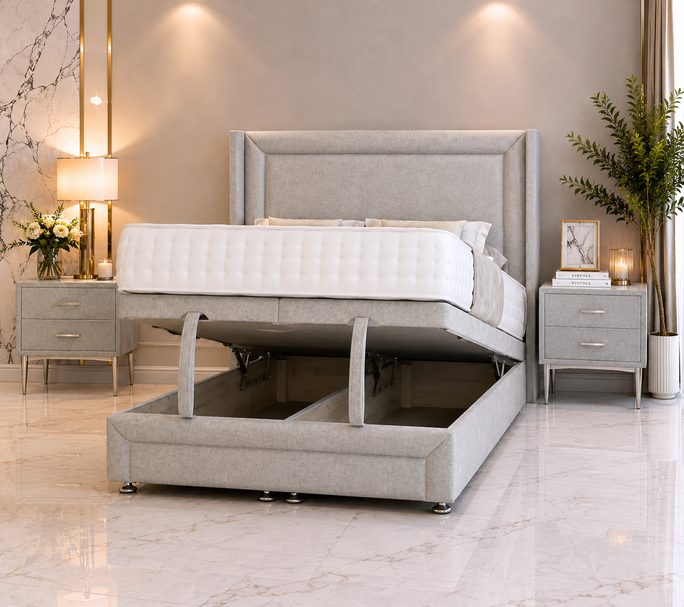 Cruz Wing Ottoman Divan Bed met Voetbord en Staande Hoofdbord