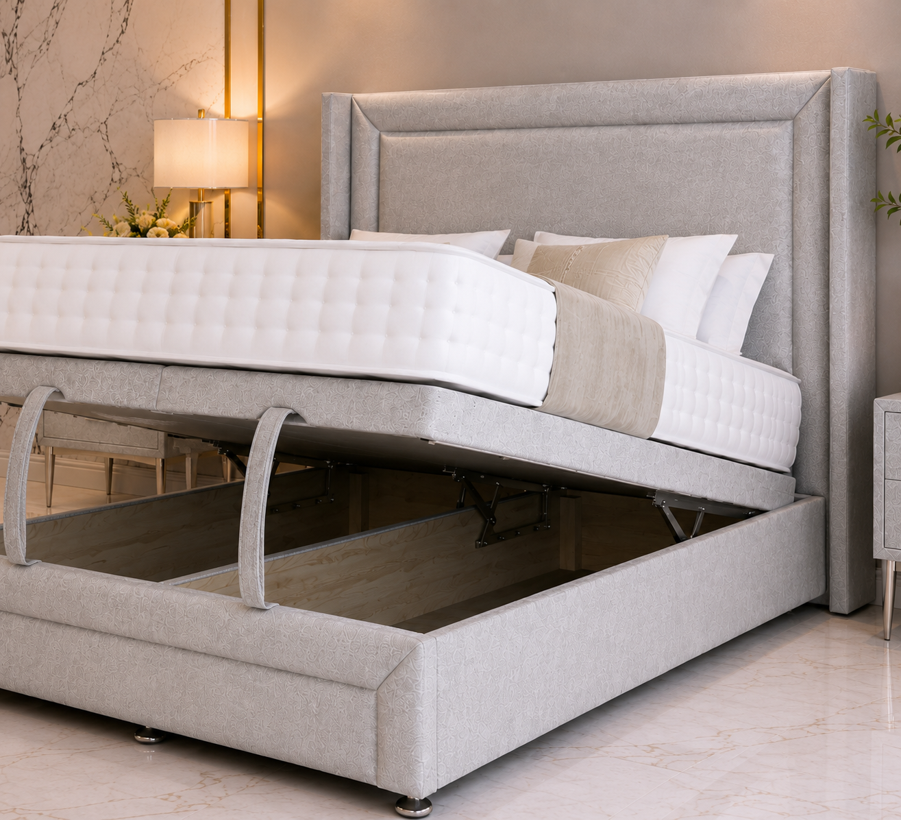 Cruz Wing Ottoman Divan Bed met Voetbord en Staande Hoofdbord