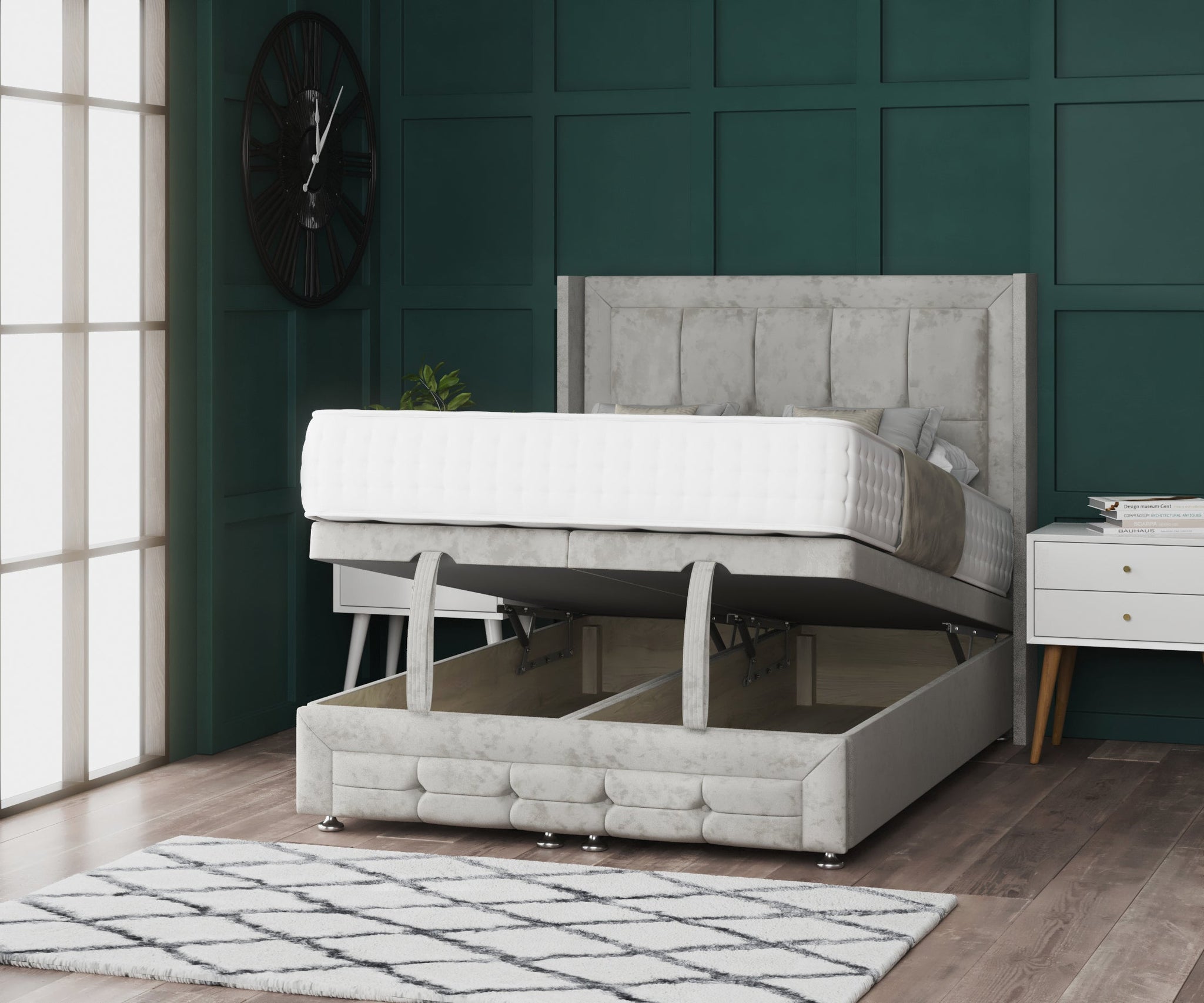 Scarlett Wing Ottoman Divan Bed with Footboard & Floorstanding Headboard
