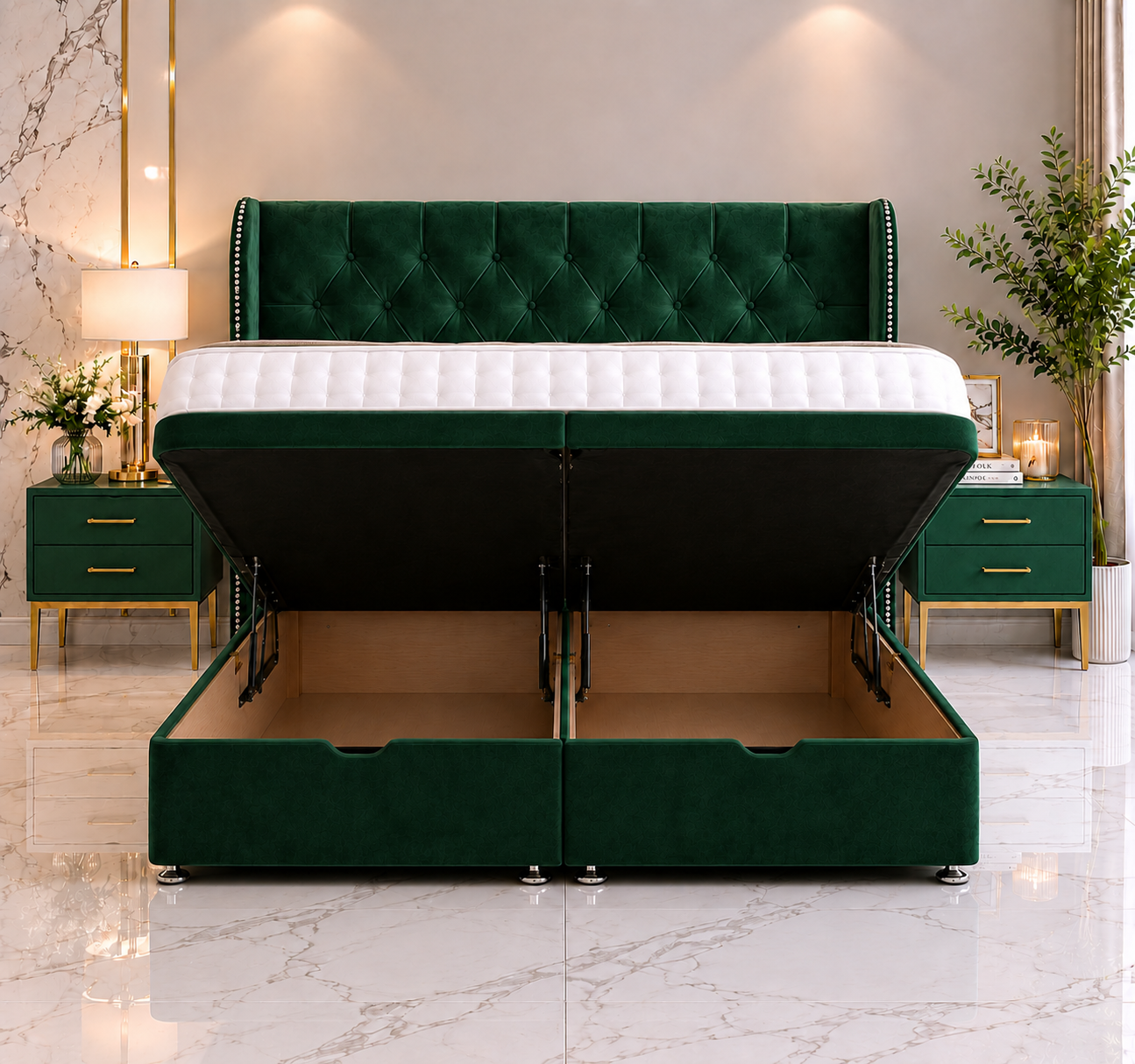 Eve Wing Beading Ottoman Divan Bed & Floorstanding Headboard
