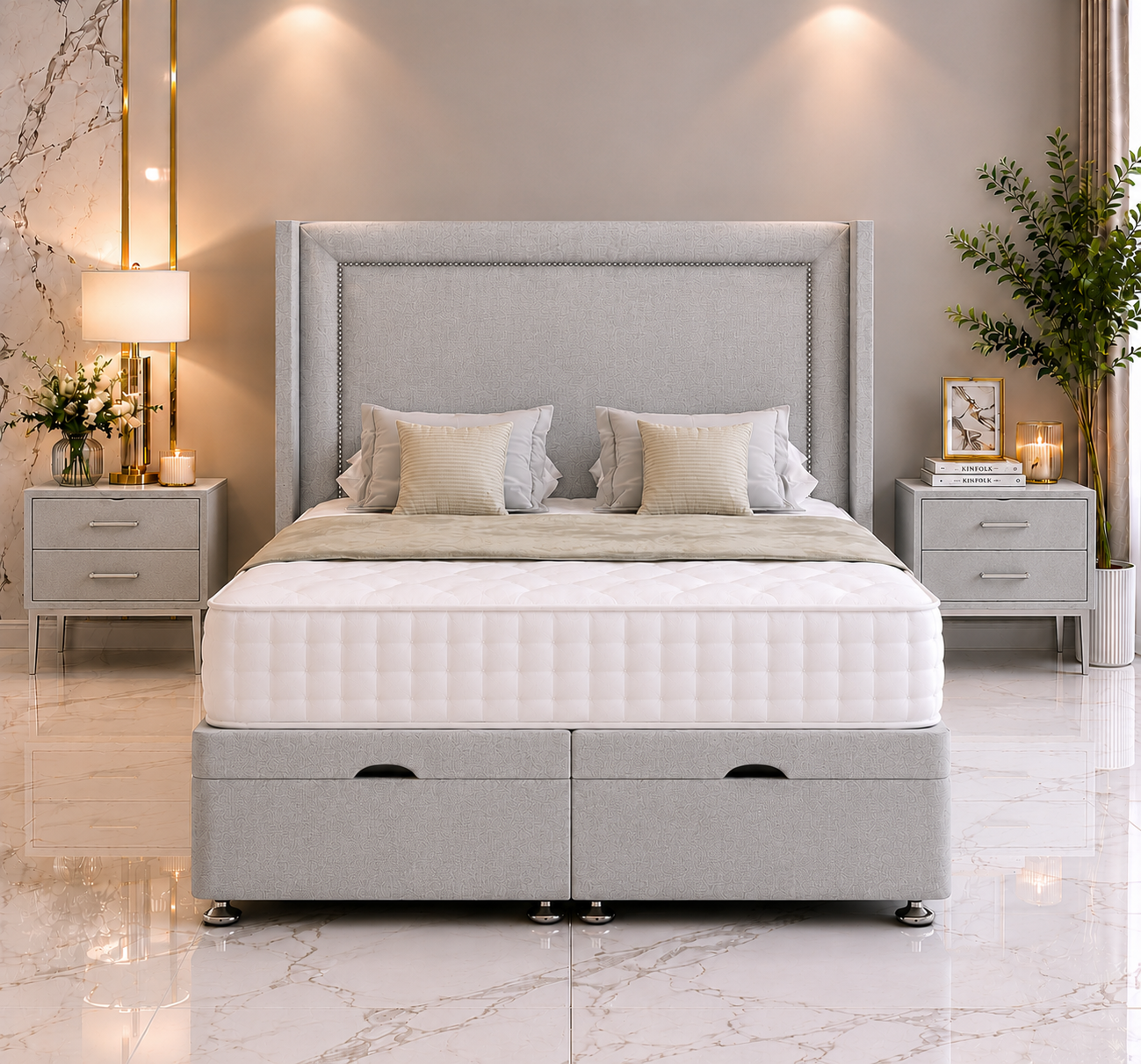 Francis Beading Wing Ottoman Divan Bed with Floorstanding Headboard