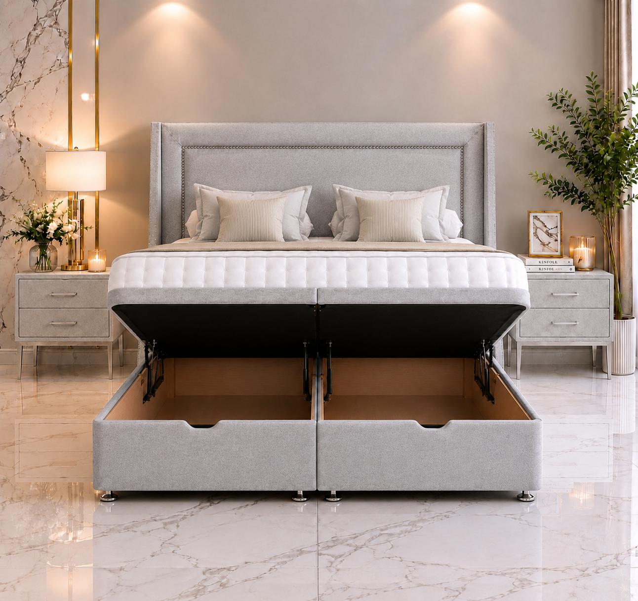 Francis Beading Wing Ottoman Divan Bed with Floorstanding Headboard