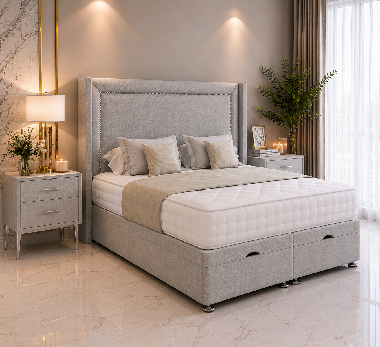 Francis Beading Wing Ottoman Divan Bed with Floorstanding Headboard