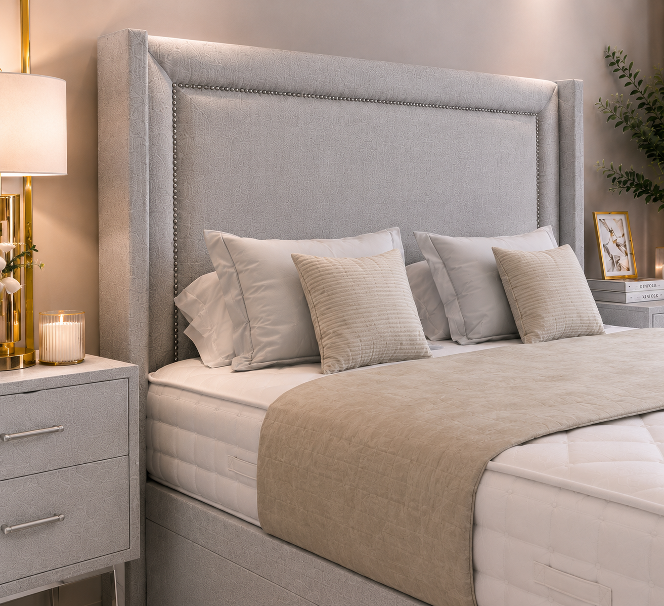 Francis Beading Wing Ottoman Divan Bed with Floorstanding Headboard