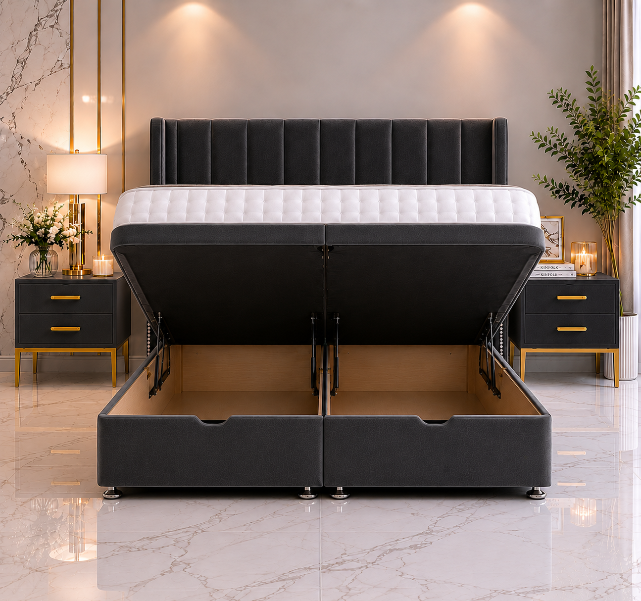 Harry Wing Ottoman Divan Bed with Floorstanding Headboard