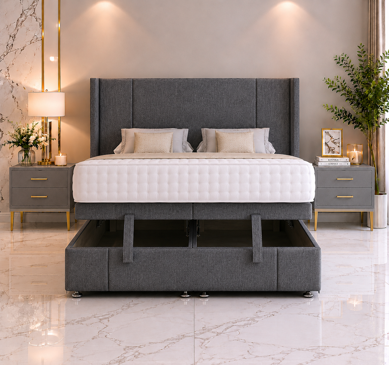 Logan Wing Ottoman Divan Bed  With Footboard & Floorstanding Headboard