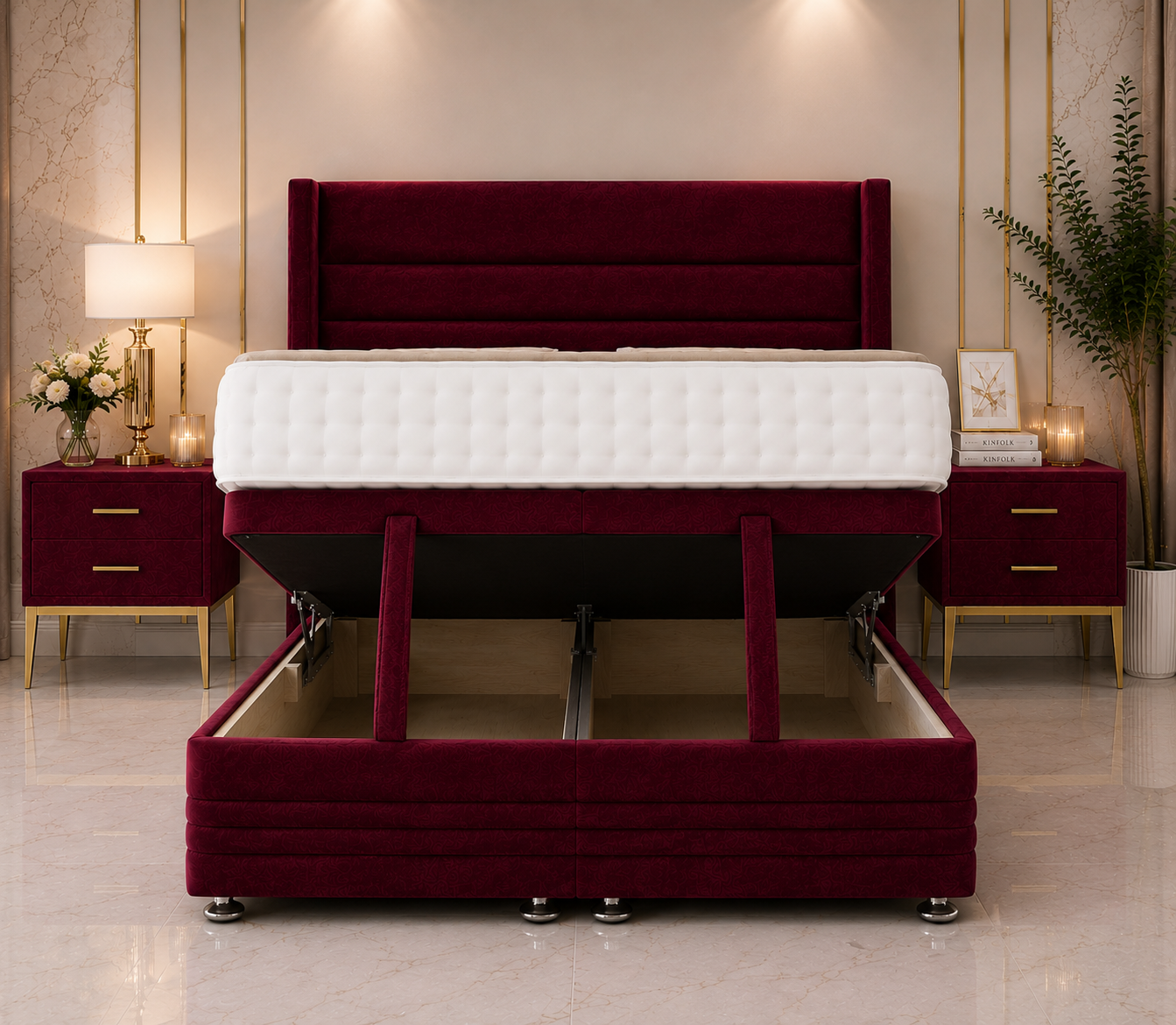 Mango Wing Ottoman Divan Bed with Footboard & Floorstanding Headboard