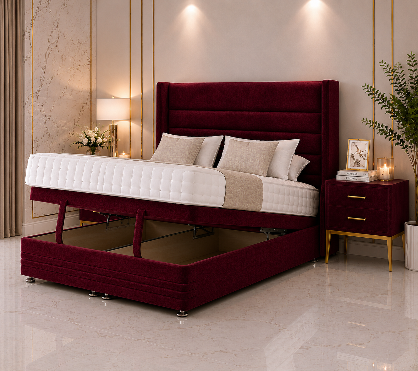 Mango Wing Ottoman Divan Bed with Footboard & Floorstanding Headboard
