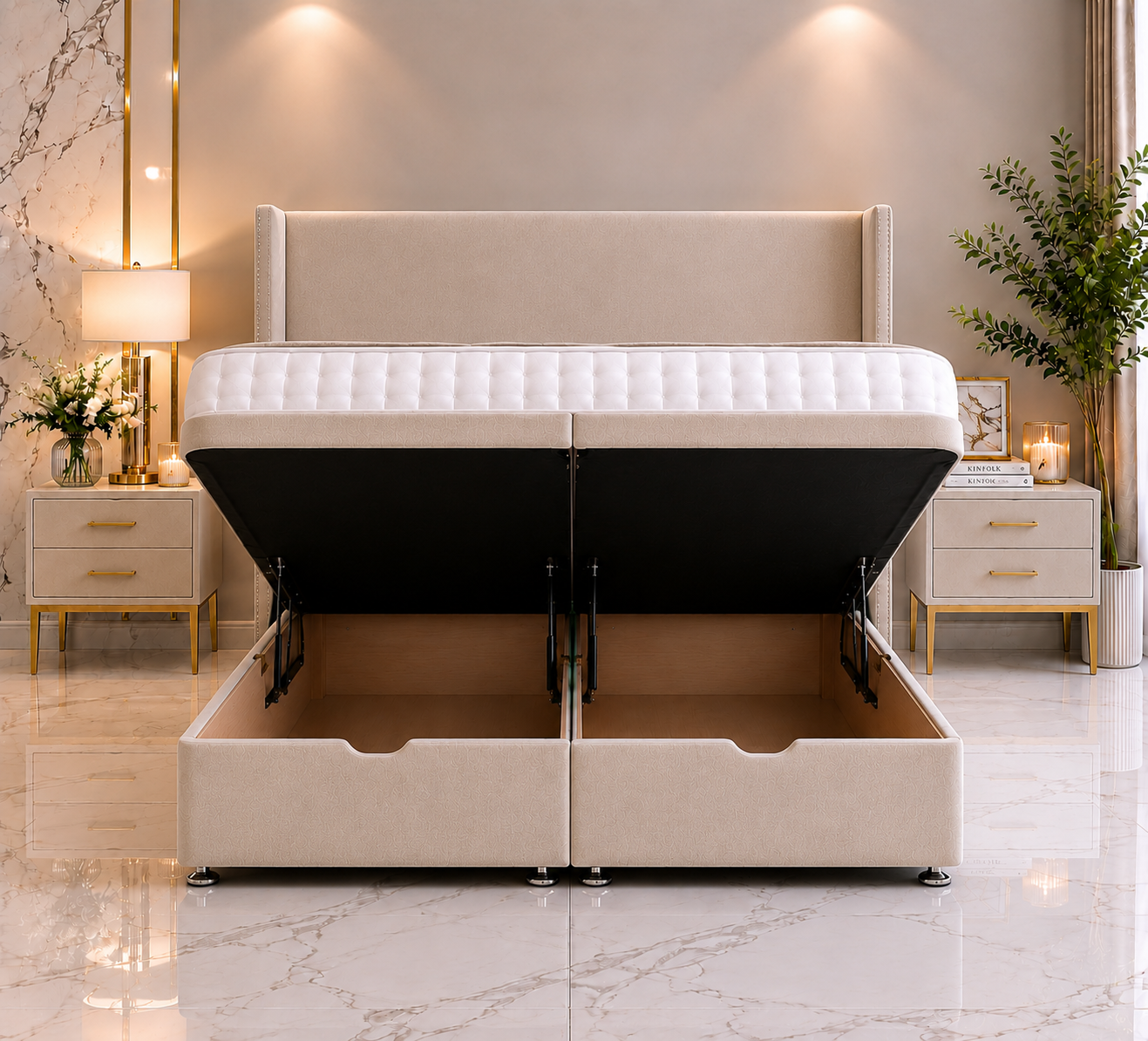 Maverick Wing Ottoman Divan Bed with Floorstanding Headboard