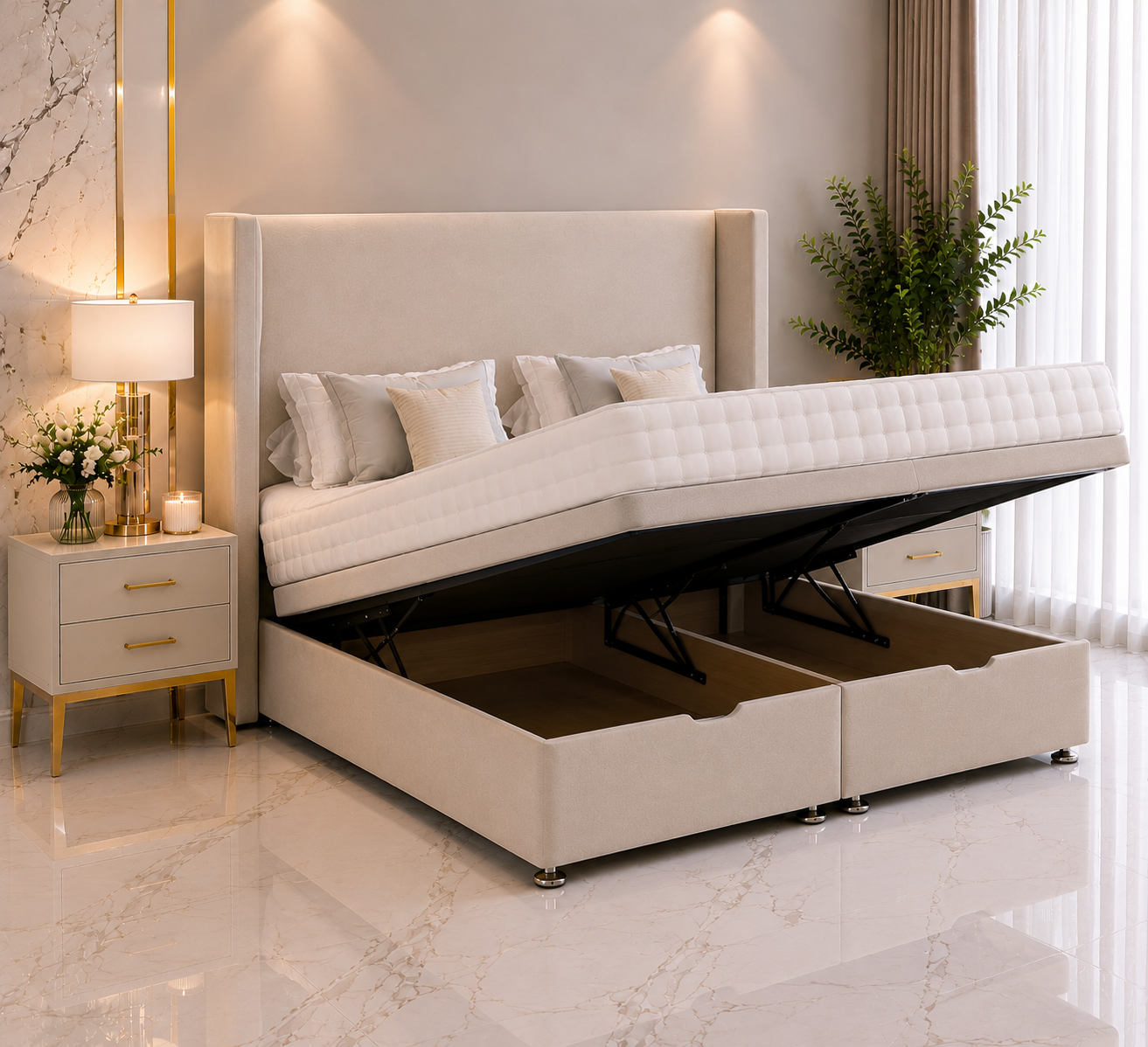 Maverick Wing Ottoman Divan Bed with Floorstanding Headboard