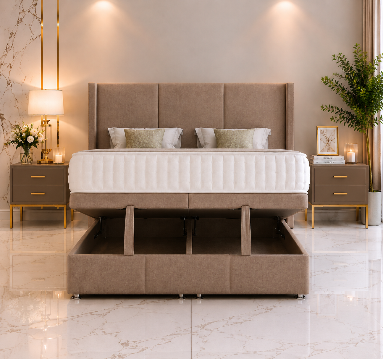 Divan ottoman à ailes d'olivier avec pied de lit et tête de lit sur pied