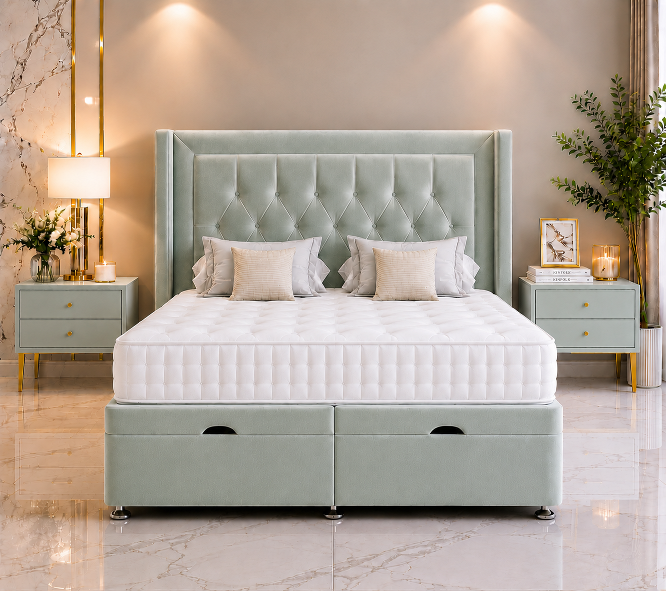 Phoenix Wing Ottoman Divan Bed with Floorstanding Headboard