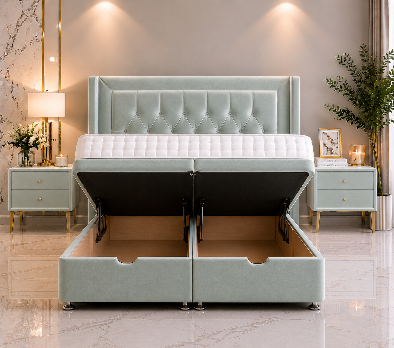 Phoenix Wing Ottoman Divan Bed with Floorstanding Headboard