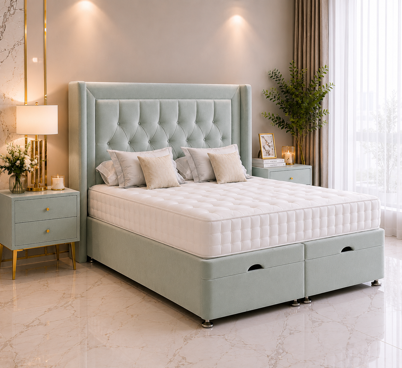 Phoenix Wing Ottoman Divan Bed with Floorstanding Headboard