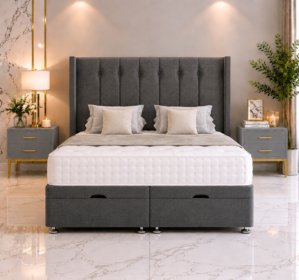 Pluto Ottoman Wing Divan Bed with Floorstanding Headboard