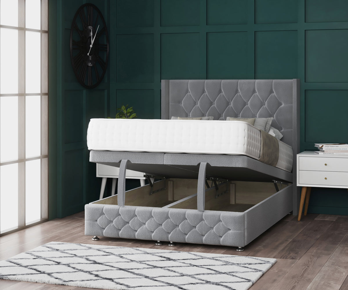 June Chesterfield Wing Ottoman Bed With Footboard & Floorstanding ...