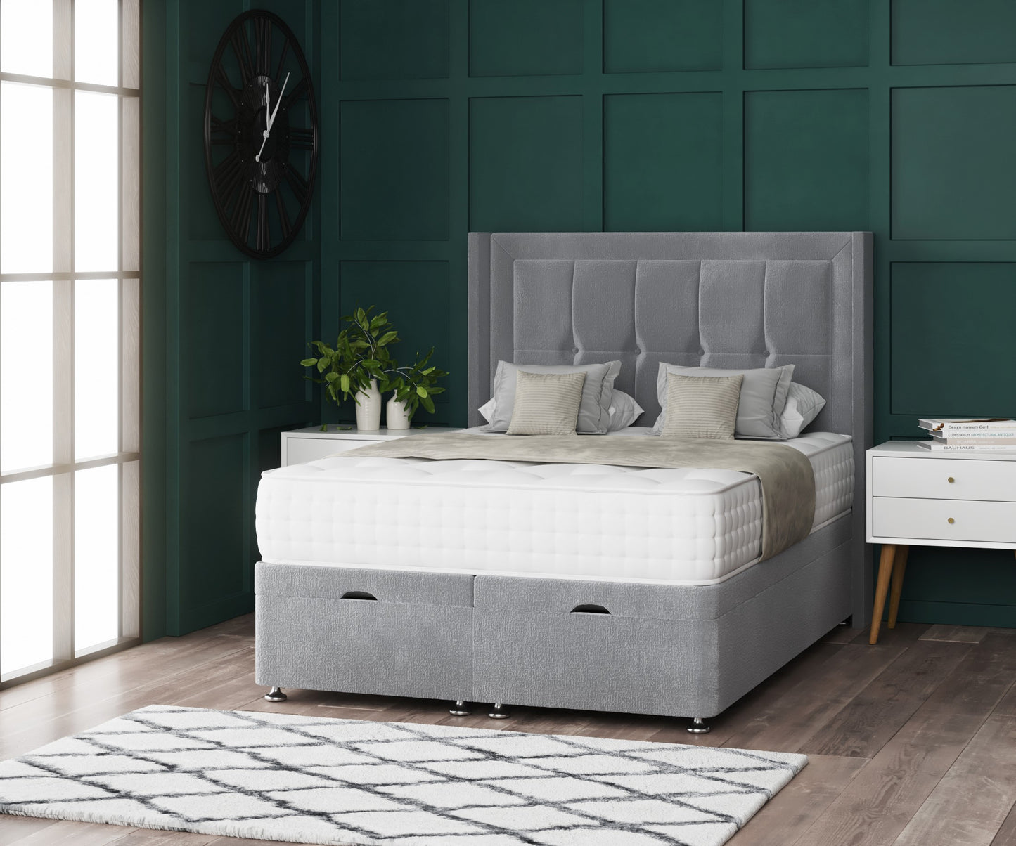 Ryu Wing Ottoman Divan bed with Floorstanding Headboard